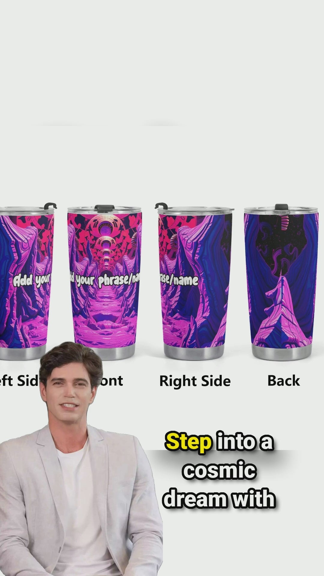 Load video: A 20oz stainless steel tumbler wrapped in a cosmic canyon artwork with surreal purple and pink terrain, glowing planets, and dimensional depth. The video pans across the tumbler, emphasizing its celestial detail and customization option.