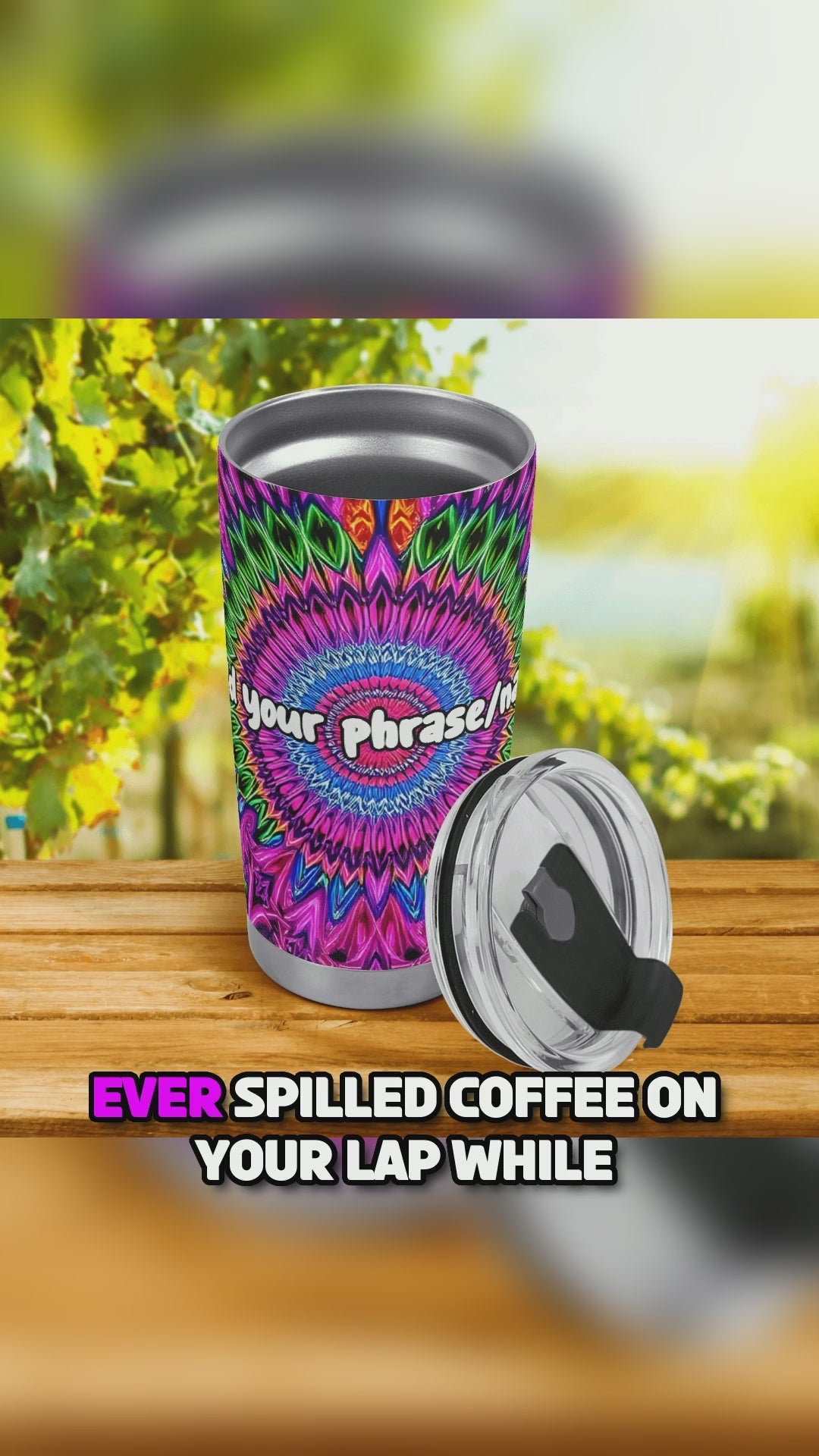 Load video: A vibrant 20oz stainless steel tumbler featuring a swirling rainbow mandala design with radiant colors like green, blue, purple, and pink. The video shows the tumbler in various angles, highlighting its bold patterns and custom name feature.